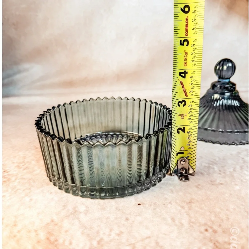 Blue Green Ribbed Glass Lidded Dish